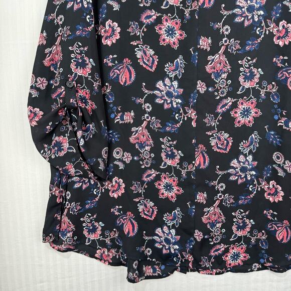 Catherine’s Black Peasant Blouse Women 2X Sheer Button Up Boho Chic Pink Floral - Picture 2 of 9